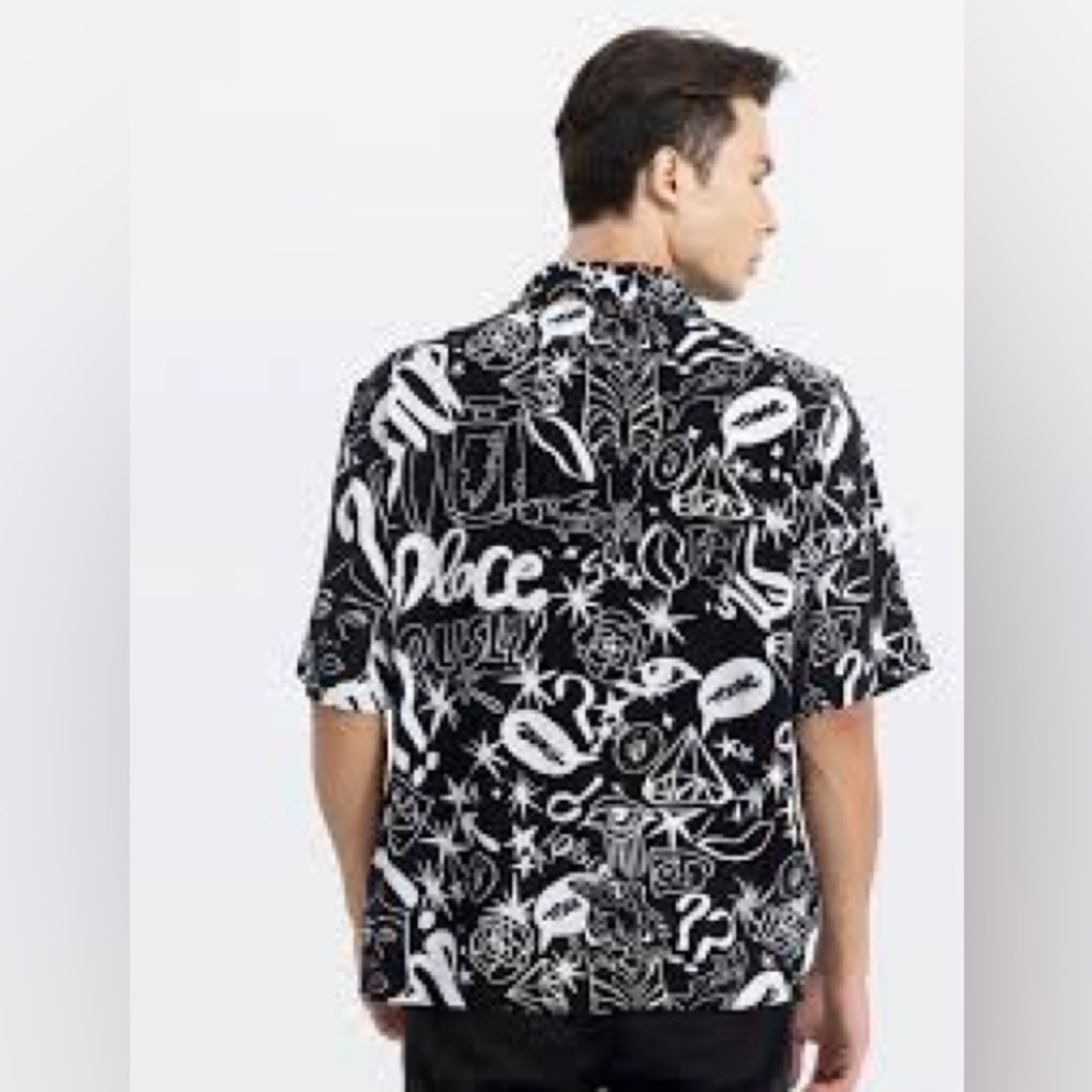 Men's Zara Black/White button up graffiti Printed Shirt lightweight relaxed fit